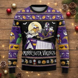 Minnesota Vikings Nightmare Before Christmas Sweater - Ugly Halloween Christmas Sweater, NFL Fan Apparel