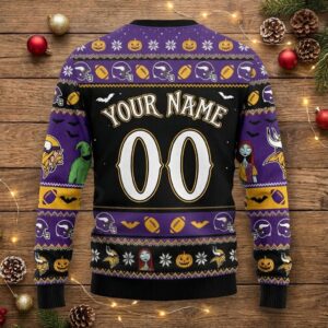 Minnesota Vikings Nightmare Before Christmas Sweater - Ugly Halloween Christmas Sweater, NFL Fan Apparel