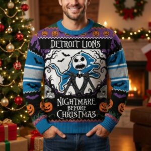 Detroit Lions Nightmare Before Christmas Sweater - NFL Jack Skellington Halloween Ugly Christmas Sweater