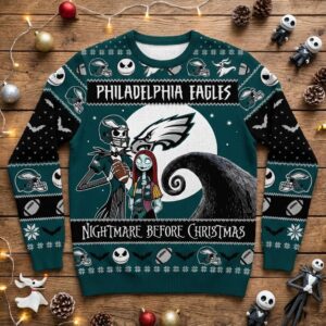 Philadelphia Eagles Nightmare Before Christmas Sweater - NFL Jack Skellington and Sally Ugly Christmas Sweater