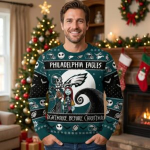 Philadelphia Eagles Nightmare Before Christmas Sweater - NFL Jack Skellington and Sally Ugly Christmas Sweater
