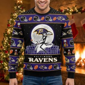 Baltimore Ravens Nightmare Before Christmas Sweater - NFL Jack Skellington Ugly Christmas Jumper