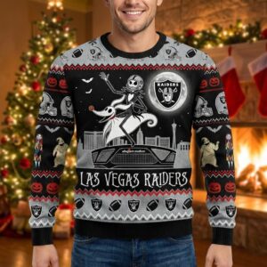 Las Vegas Raiders Nightmare Before Christmas Sweater - Jack Skellington Ugly Christmas Jumper, NFL Fan Gift