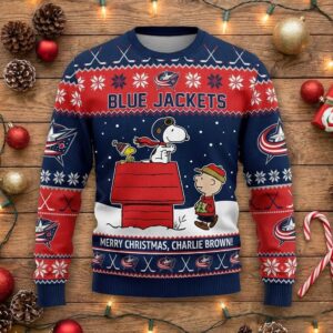 Columbus Blue Jackets Snoopy Christmas Sweater - Peanuts Charlie Brown Ugly NHL Holiday Jumper