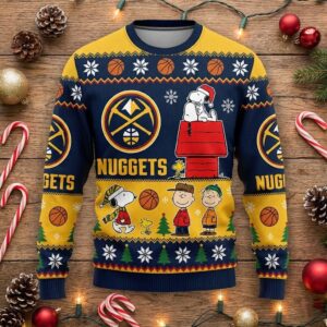Denver Nuggets Snoopy Christmas Sweater - Peanuts Gang Ugly Holiday Sweater for NBA Fans