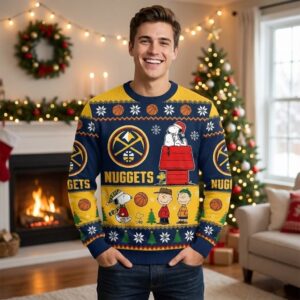 Denver Nuggets Snoopy Christmas Sweater - Peanuts Gang Ugly Holiday Sweater for NBA Fans