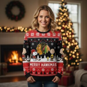 Chicago Blackhawks Peanuts Christmas Sweater - Snoopy Charlie Brown Merry Hawkmas NHL Ugly Sweater