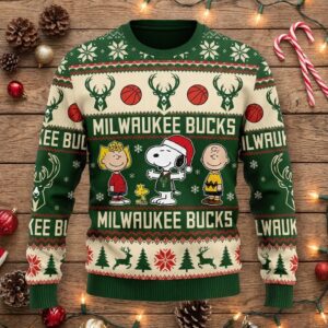 Milwaukee Bucks Peanuts Christmas Sweater - Snoopy and Charlie Brown NBA Ugly Holiday Sweater
