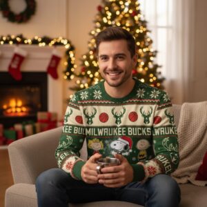 Milwaukee Bucks Peanuts Christmas Sweater - Snoopy and Charlie Brown NBA Ugly Holiday Sweater
