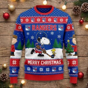 New York Rangers Snoopy Christmas Sweater - NHL Peanuts Charlie Brown Ugly Holiday Sweater
