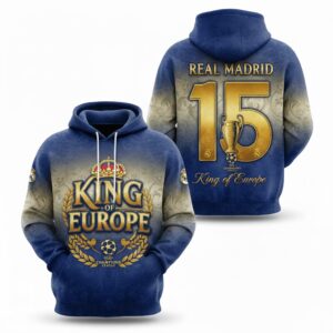 Real Madrid King Of Europe Hoodie - 3D All Over Print 15th Champions League Winners Sweatshirt