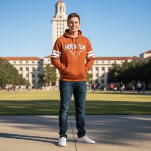 Texas Longhorns Pullover Hoodie - Graphic Fan Sweatshirt with Hook 'Em Slogan and Sleeve Stripes