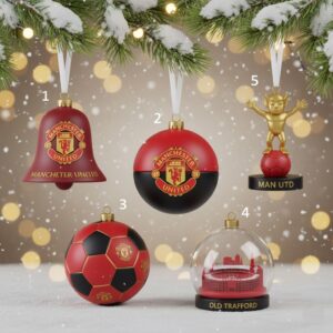 Manchester United Christmas Ornaments Set - Bell, Bauble, Football, Old Trafford Stadium, and Red Devil Mascot Themed Decorations
