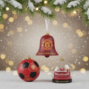 Manchester United Christmas Ornaments Set - Bell, Bauble, Football, Old Trafford Stadium, and Red Devil Mascot Themed Decorations