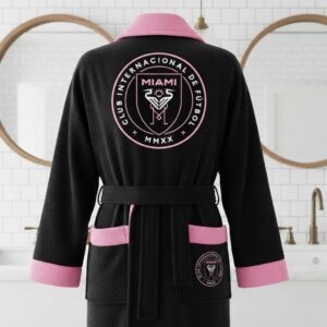 Inter Miami CF Bathrobe - Plush Fleece Robe with Embroidered Crest, Black and Pink Fan Gear
