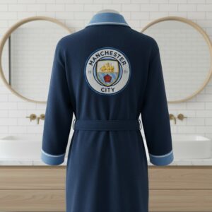 Manchester City Football Club Bathrobe - Plush Fleece Dressing Gown with Embroidered Crest