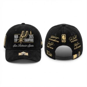 San Antonio Spurs 2025 NBA Cup Champions Hat - Black Suede Cap with Embroidered Player Signatures