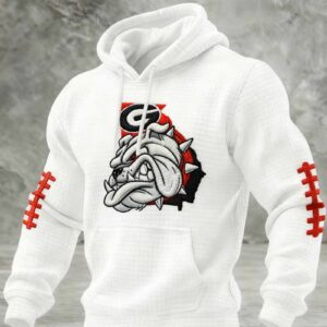 Georgia Bulldogs White Hoodie - Embroidered Mascot with Football Lace Sleeves