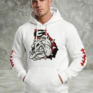 Georgia Bulldogs White Hoodie - Embroidered Mascot with Football Lace Sleeves