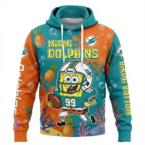 Miami Dolphins SpongeBob Hoodie - 3D All-Over Print Cartoon Crossover NFL Sweatshirt