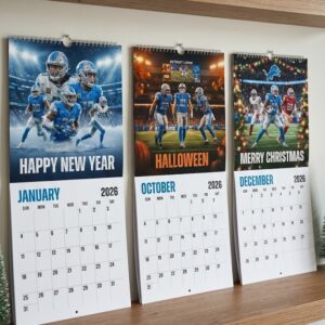 Detroit Lions Football Calendar 2026 - Spiral-Bound Wall Hanging with Dynamic Player Photo Collage, NFL Fan Gift