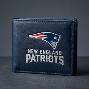 New England Patriots Leather Wallet - Navy Blue Bifold with Raised Metal Team Logo