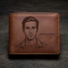 Custom Engraved Portrait Wallet - Personalized Brown Leather Bifold with Minimalist Line Art and Name
