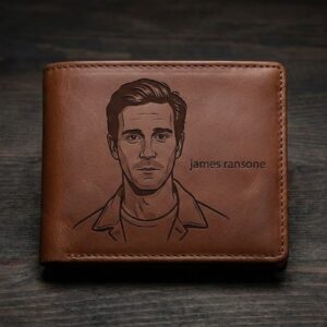 Custom Engraved Portrait Wallet - Personalized Brown Leather Bifold with Minimalist Line Art and Name