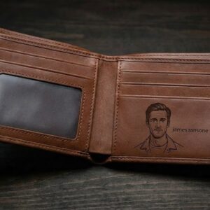 Custom Engraved Portrait Wallet - Personalized Brown Leather Bifold with Minimalist Line Art and Name