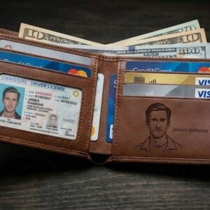 Custom Engraved Portrait Wallet - Personalized Brown Leather Bifold with Minimalist Line Art and Name