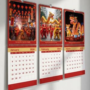 Chinese New Year Wall Calendar 2026 - Vibrant Dragon and Lion Dance Parade Theme, Spiral-Bound Planner