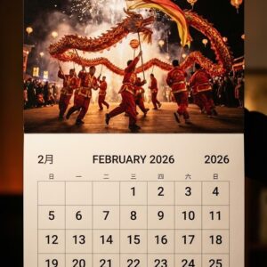 Chinese New Year Wall Calendar 2026 - Vibrant Dragon and Lion Dance Parade Theme, Spiral-Bound Planner