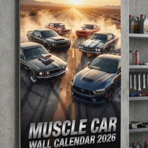 Muscle Car Wall Calendar 2026 - Spiral-Bound 12-Month Planner with Classic & Modern Cars, 3D Metallic Text Effect
