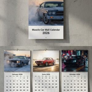 Muscle Car Wall Calendar 2026 - Spiral-Bound 12-Month Planner with Classic & Modern Cars, 3D Metallic Text Effect