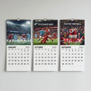 Premier League Wall Calendar 2026 - Featuring Star Players Haaland, Salah, and Saka with a Dramatic Stadium Cover Design