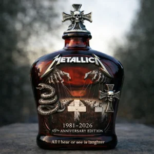 Metallica 45th Anniversary Whiskey Bottle - Master of Puppets Tribute Decanter with 3D Embossed Design and Skull Cross Stopper