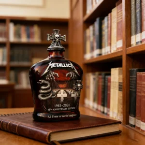 Metallica 45th Anniversary Whiskey Bottle - Master of Puppets Tribute Decanter with 3D Embossed Design and Skull Cross Stopper