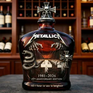 Metallica 45th Anniversary Whiskey Bottle - Master of Puppets Tribute Decanter with 3D Embossed Design and Skull Cross Stopper