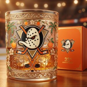 Anaheim Ducks Anniversary Whiskey Glass - Ornate Gold Filigree Design with Classic Mighty Ducks Logo, 33rd Anniversary Edition