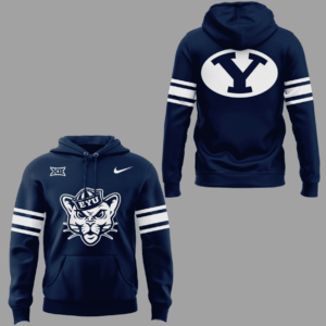 Brigham Young University Cougars Hoodie - Navy Blue Football Pullover with Sailor Cougar Mascot and Sleeve Stripes