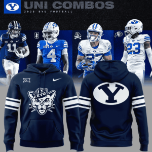 Brigham Young University Cougars Hoodie - Navy Blue Football Pullover with Sailor Cougar Mascot and Sleeve Stripes