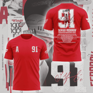 Sergei Fedorov Detroit Red Wings Shirt - Number 91 Tribute Tee with Signature and Career Highlights Graphic