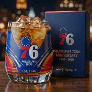 Philadelphia 76ers Anniversary Whiskey Glass - Commemorative 1946-2026 Rocks Glass Gift Set
