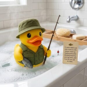 Fisherman Rubber Duck Collectible - Angler Themed Toy with Fishing Rod and Hat