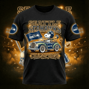 Seattle Seahawks Snoopy Champions T-Shirt - NFL Peanuts Cartoon Graphic Fan Tee