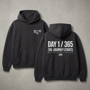 Day 1 365 The Journey Starts Hoodie - Inspirational New Year 2026 Motivational Quote Sweatshirt