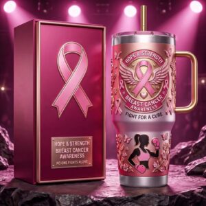 Breast Cancer Awareness Hope & Strength Fighter Tumbler with Handle