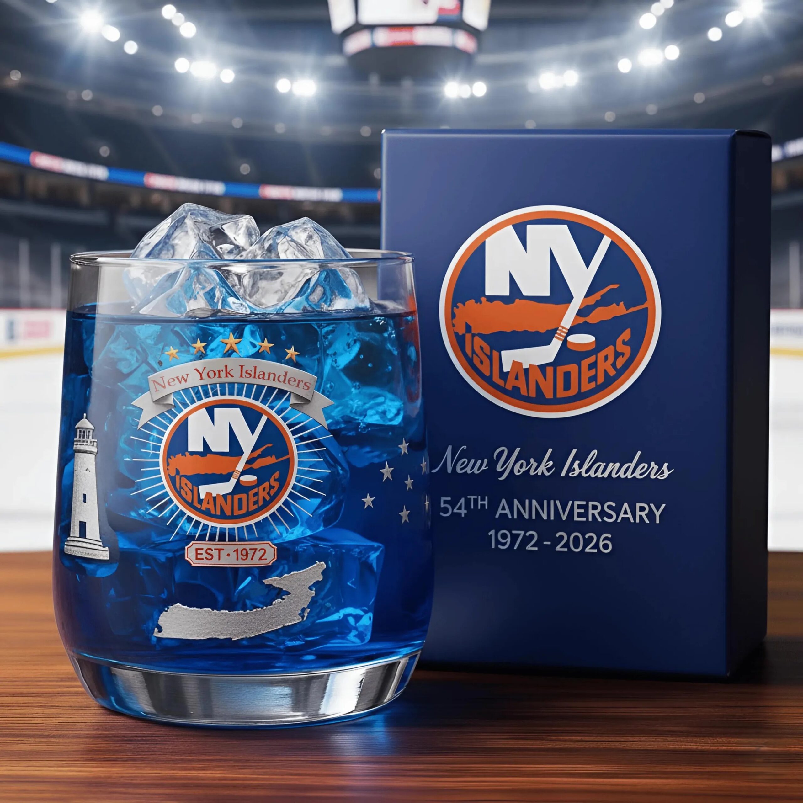 New York Islanders 54th Anniversary 1972-2026 Whiskey Glass - Front View