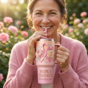 Breast Cancer Awareness 3D Floral Pink Ribbon Hope & Strength Tumbler