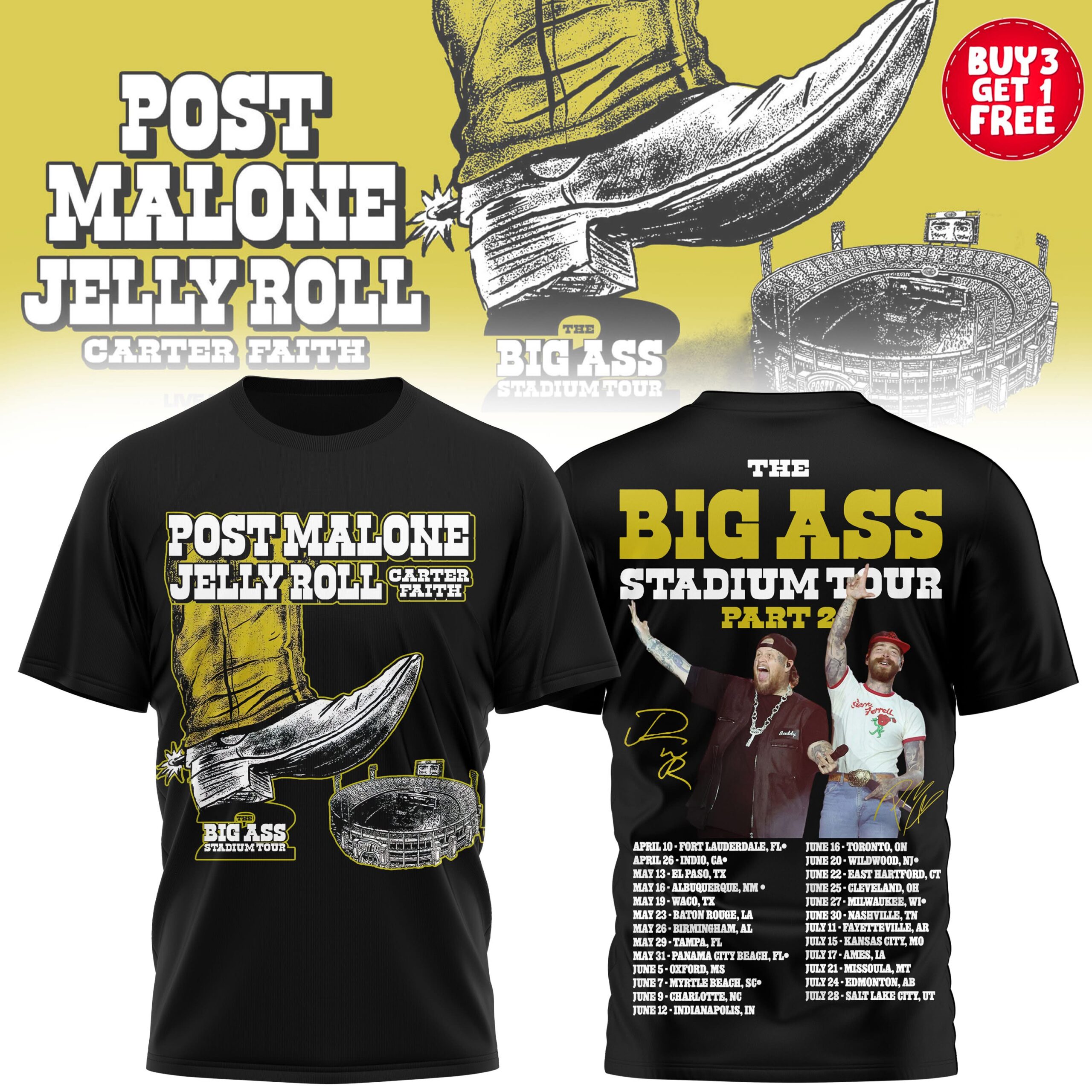 Post Malone Jelly Roll The Big Ass Stadium Tour Part 2 T-Shirt - Detail View